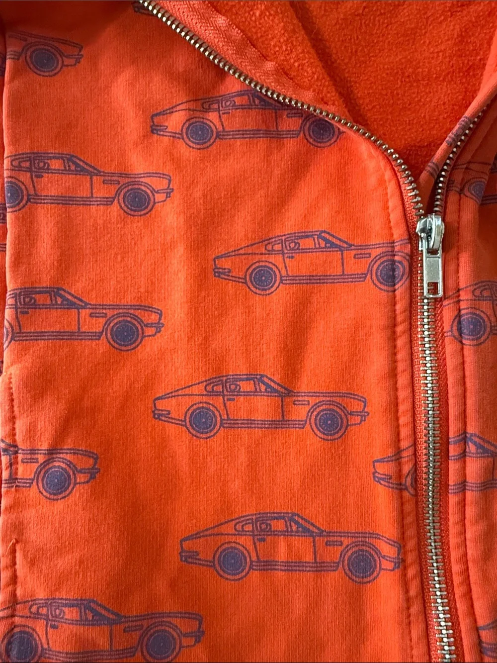 Hugo Loves Tiki Hooded Zip-Front One-Piece in Orange with Car Print